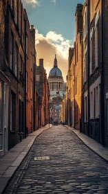 Sunlit cobblestone alley leads toward a grand city dome