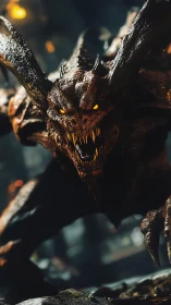 Horned hell demon roaring in fiery cinematic close-up.