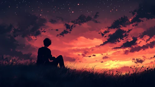 Silhouette figure sits in grass below dense sunset sky