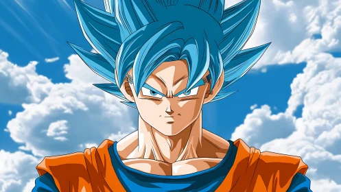 Blue-haired anime warrior under radiant clouded sky.