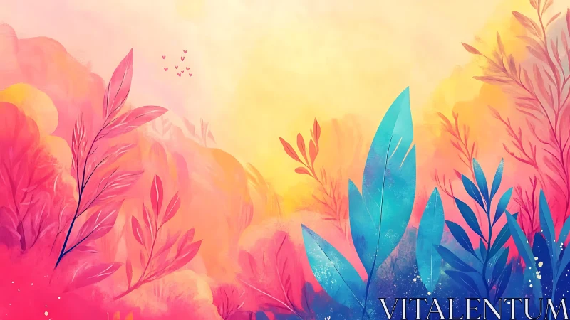 Vibrant botanical gradient with stylized foliage silhouettes.