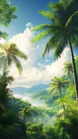 Tropical montane valley with volumetric mist and palm canopy.