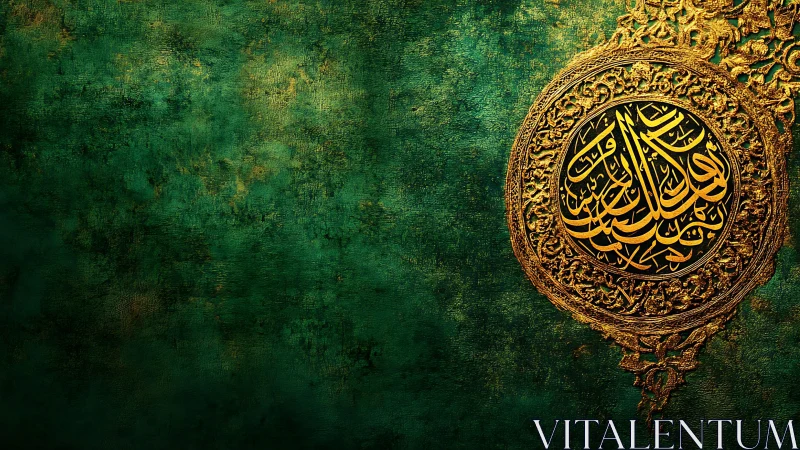 Golden calligraphy medallion on deep emerald texture wall.