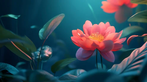 Vibrant coral peonies bloom underwater in dreamlike sanctuary.