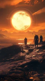 Three wanderers move toward a colossal glowing sun onshore