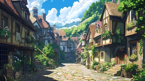 Sunlit medieval village street with lush floral half-timber homes.