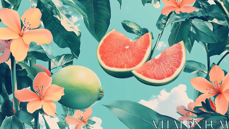 Tropical citrus-fruit montage with stylized botanical foliage.