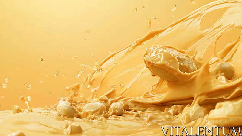 Golden caramel splash swirling around rich nutty pieces.