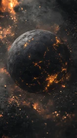 Burning molten planet amid dark cosmic debris field.