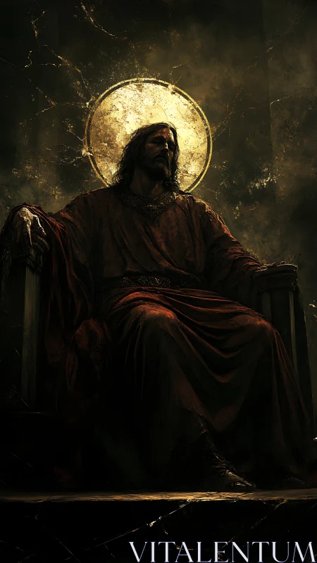 Digital painting of enthroned robed figure with radiant halo backlight.