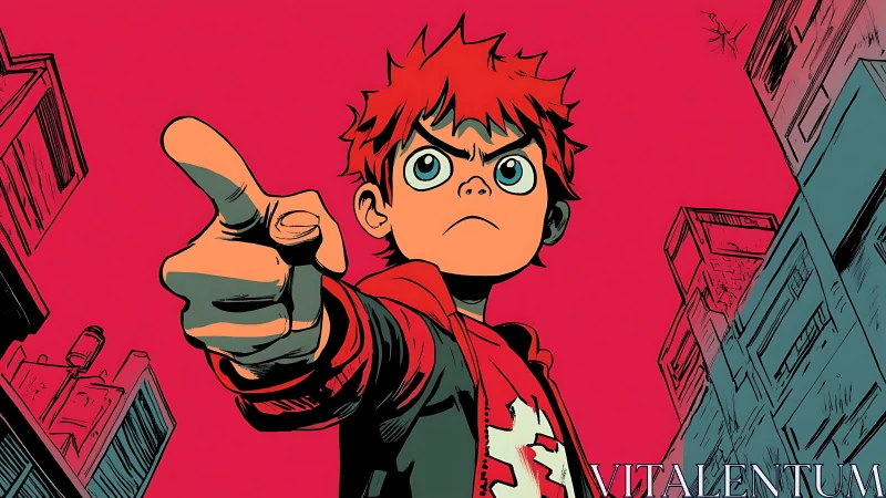 Defiant red-haired boy points forward in stylized urban alley.