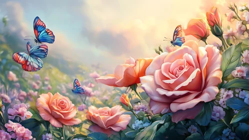 Digital painting displaying rose compositions with blue-red striped butterflies in atmospheric persp