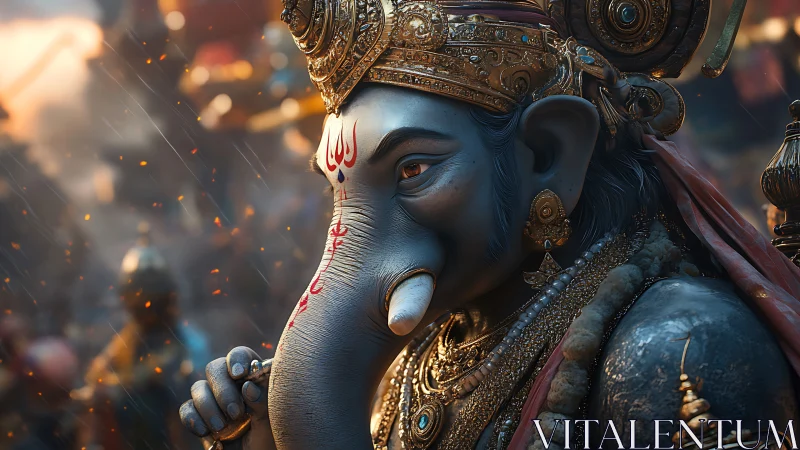 Majestic Ganesha idol in ornate golden ceremonial armor.