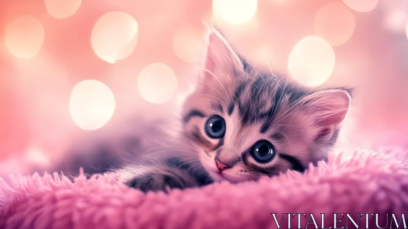 Adorable Kitten Rests on Pink Fur with Dreamy Bokeh