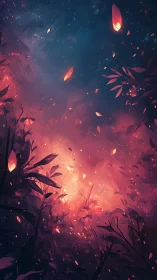 Bioluminescent nocturnal landscape with suspended luminous particles and flora silhouettes