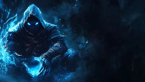 Hooded mage cradles vivid blue energy in a dark void