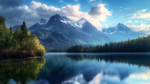Gentle alpine mountains rise over a calm reflective lake