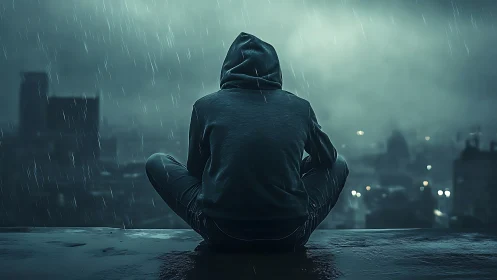 Hooded rooftop dreamer soaking in a neon-soaked rainstorm.