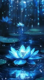 Moonlit sapphire lotus catching rainfall of tiny stars.