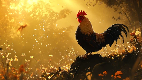 Rooster silhouette with dramatic golden backlighting and atmospheric particulate dispersal