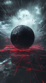 Dark sphere shatters reality amid crimson fracture field.