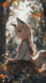 Autumn backlit fox-eared girl rendered in soft anime style