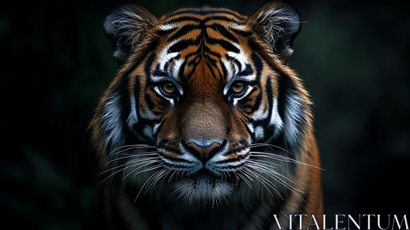 Tiger portrait glows against deep shadowed jungle void.