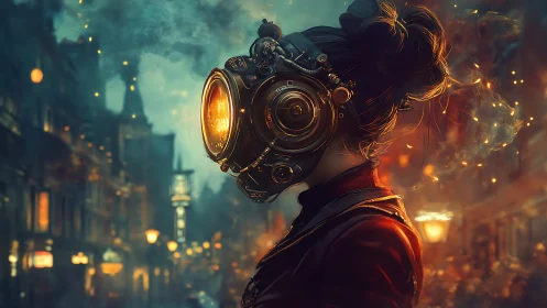 Cybernetic woman walks through glowing steampunk city street