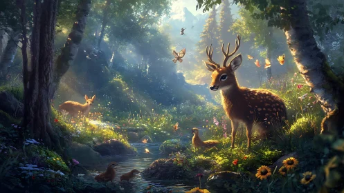 Gentle deer and forest friends in a sunlit woodland glade.
