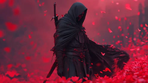 Hooded dark knight stands in storm of crimson petals.