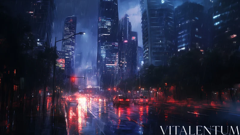 Nocturnal urban traffic on wet avenue under dense rainfall.