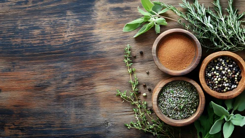 Rustic wooden table displays vibrant herbs and spices bowls.