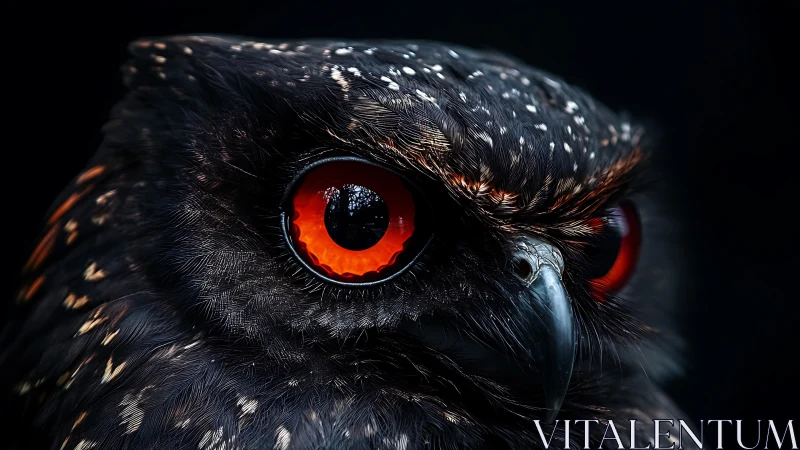 Striking Owl Close-Up With Intense Red Eyes, Dark Artistic Style.