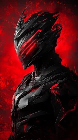 Armored humanoid figure with angular helmet in red field.
