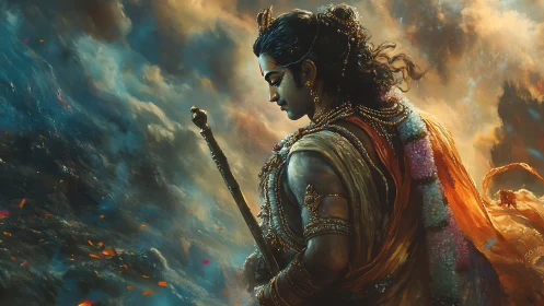 Divine warrior contemplates battle amid swirling storm clouds.