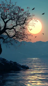 Sunset over calm lake with silhouetted tree and birds.