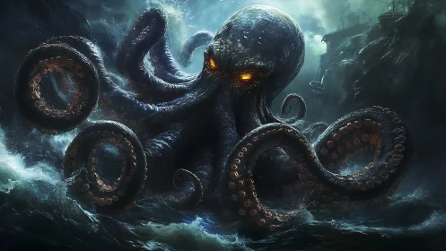 Stormlit kraken curls burning gaze around drowning ships