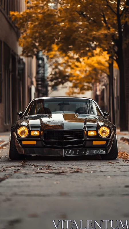 Black classic muscle car on empty street in autumn light.