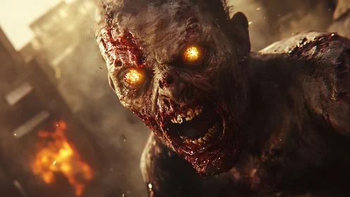 Cinematic close-up of burning-eyed infected zombie in ruins