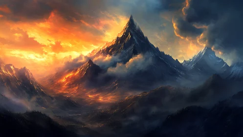 Flaming sunset crowns a dramatic fantasy mountain range.
