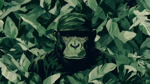 Camouflaged chimpanzee portrait rendered in layered jungle vector art
