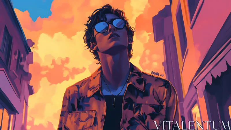 Stylish youth in sunset street under vivid orange clouds