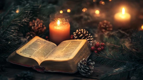 Open book with candles and winter foliage on wooden surface.