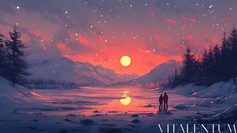 Couple watches vivid sunset over snowy mountain lake.