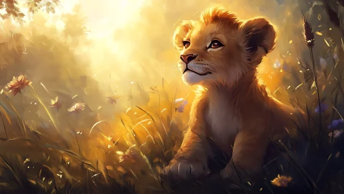 Young lion cub basking in dreamy golden meadow light.