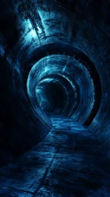 Cyan-illuminated curved tunnel with textured metallic walls.