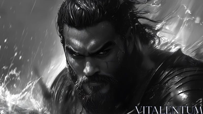 Fierce sea warrior emerging from stormy crashing waves.