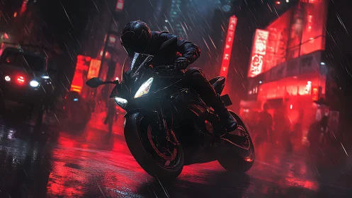 Night rider slicing neon rain on a futuristic city street.