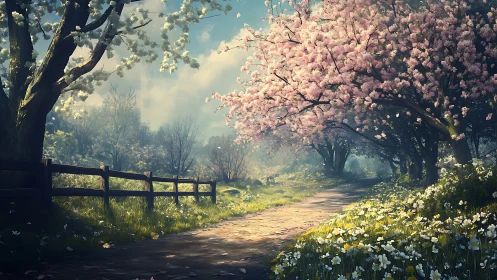 Sunlit spring lane under drifting cherry blossom clouds.