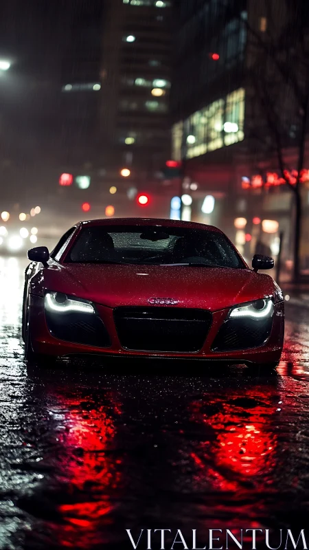 Midnight red sports car gliding through rainy city streets.